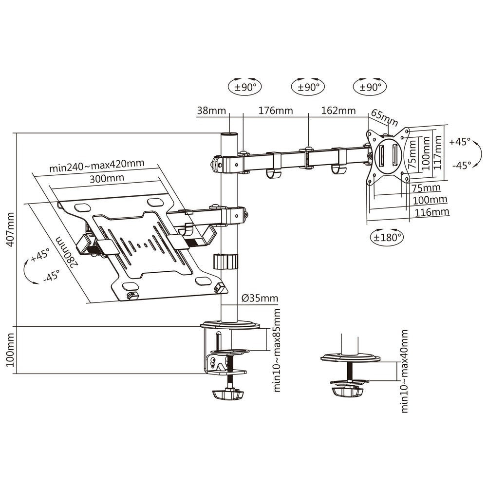 Monitor and Laptop Mount - Single Monitor Arm with Laptop Tray for 17" to 32" Screens