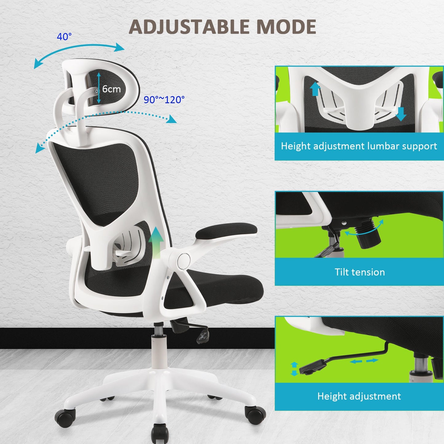 Luxury Ergonomic Mesh Office Chair with Three-Stage Lumbar Support & Flip-Up Armrests - Black