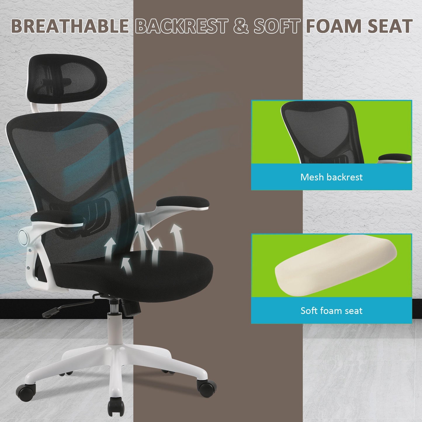 Luxury Ergonomic Mesh Office Chair with Three-Stage Lumbar Support & Flip-Up Armrests - Black
