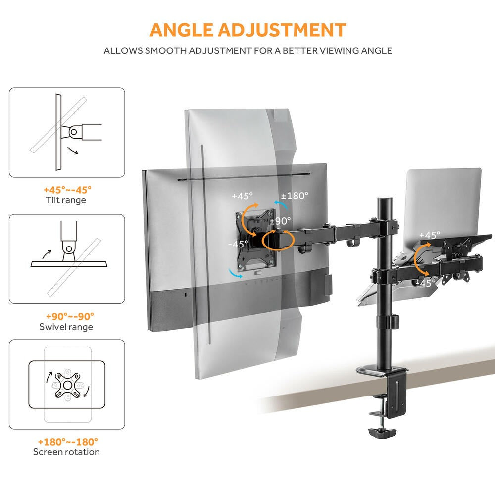 Monitor and Laptop Mount - Single Monitor Arm with Laptop Tray for 17" to 32" Screens