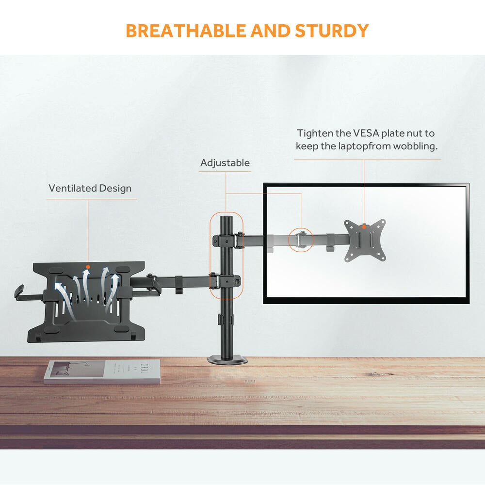 Monitor and Laptop Mount - Single Monitor Arm with Laptop Tray for 17" to 32" Screens