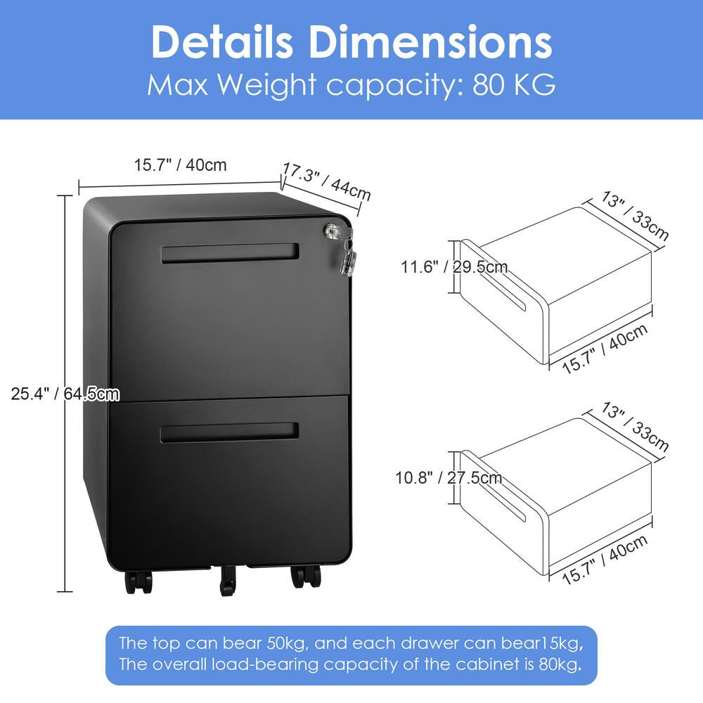 2-Drawer Mobile Steel Pedestal File Cabinet with Lock - (Gen 2)